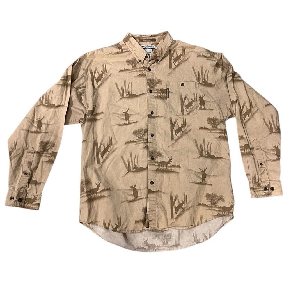 Columbia River Lodge Shirt Mens Sz L Button AOP All Over Print Deer Long Sleeve